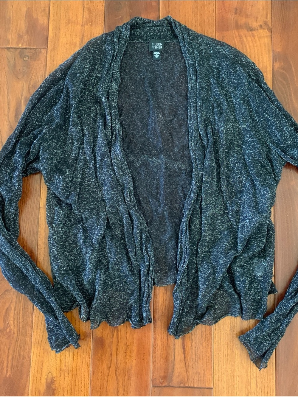 Eileen Fisher Cardigan XL Black Tinsel Sheer Crinkle Ruffle Waterfall Open Front